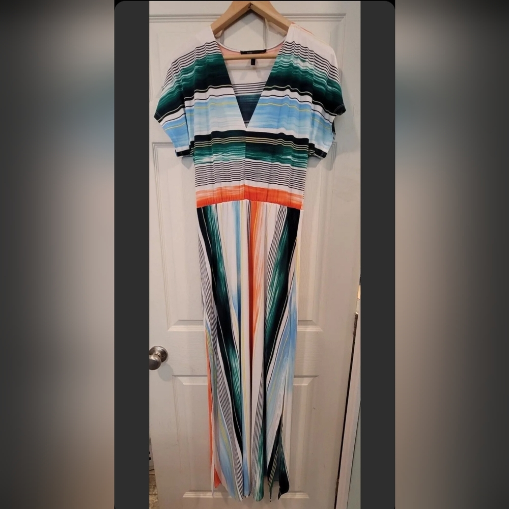 BCBG MAXAZRIA Womens Brushstroke Stripe Short Sleeve VNeck S Sz Dress